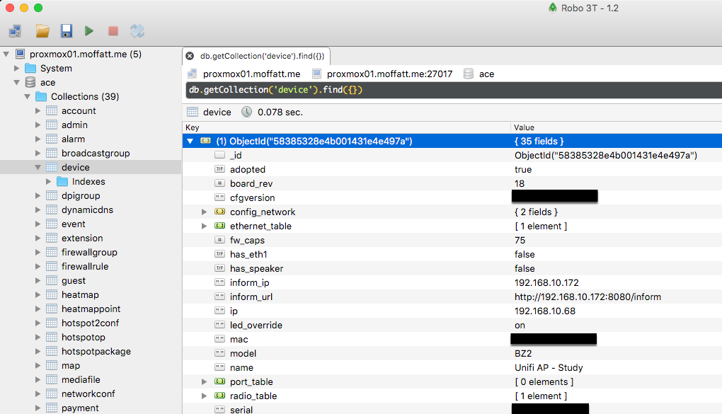 Robo 3T showing sample of Ubiquiti’s MongoDB data